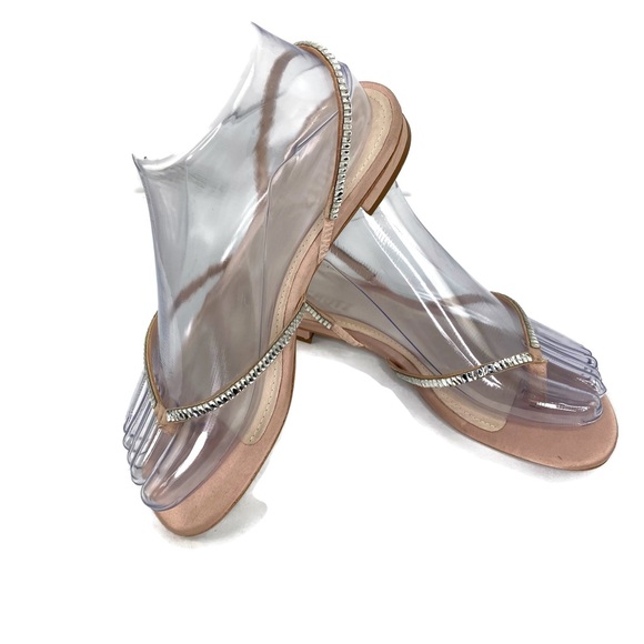 Schutz Flat Sandals with Rhinestone Toe Strap and Heel Strap on Light Pink 7B - Picture 1 of 11